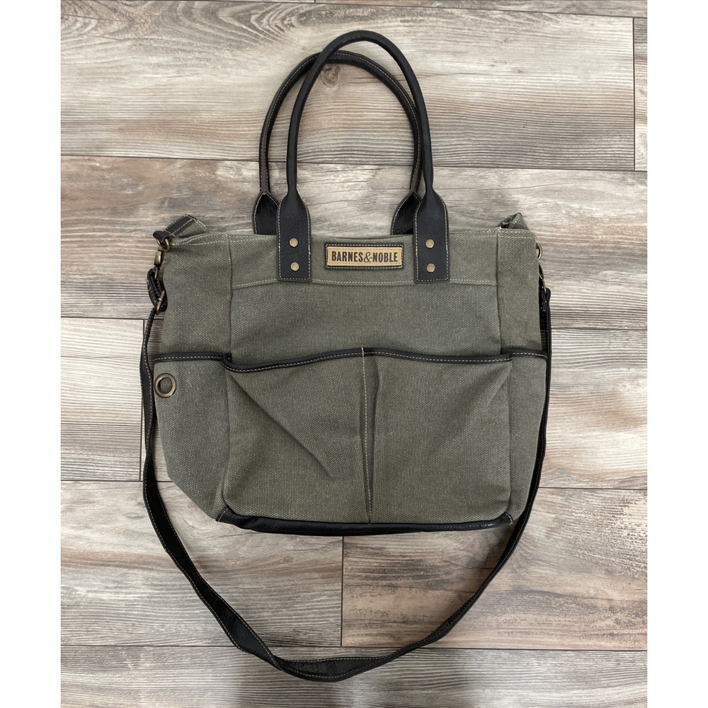 Barnes & Noble Vintage Canvas Tote Bag Leather Handles Shoulder Bag Green Brown